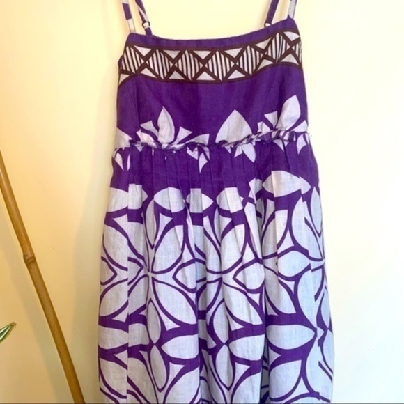 Day Dress Linen Feel Pleated Purple Print Dress - Picture 5 of 12